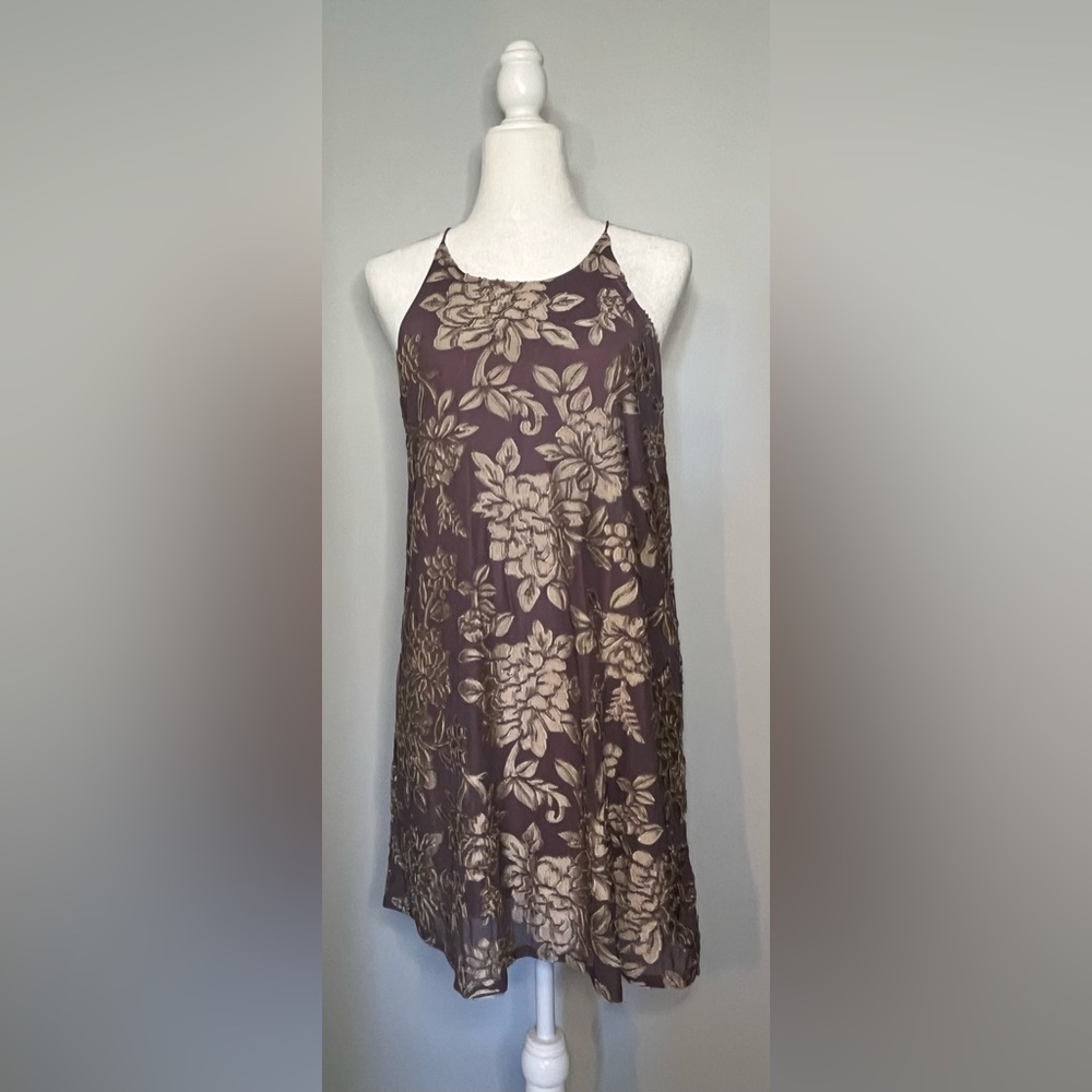 Lazy Sundays Women's Floral Halter Dress Sleeveless Purple Tan Size M